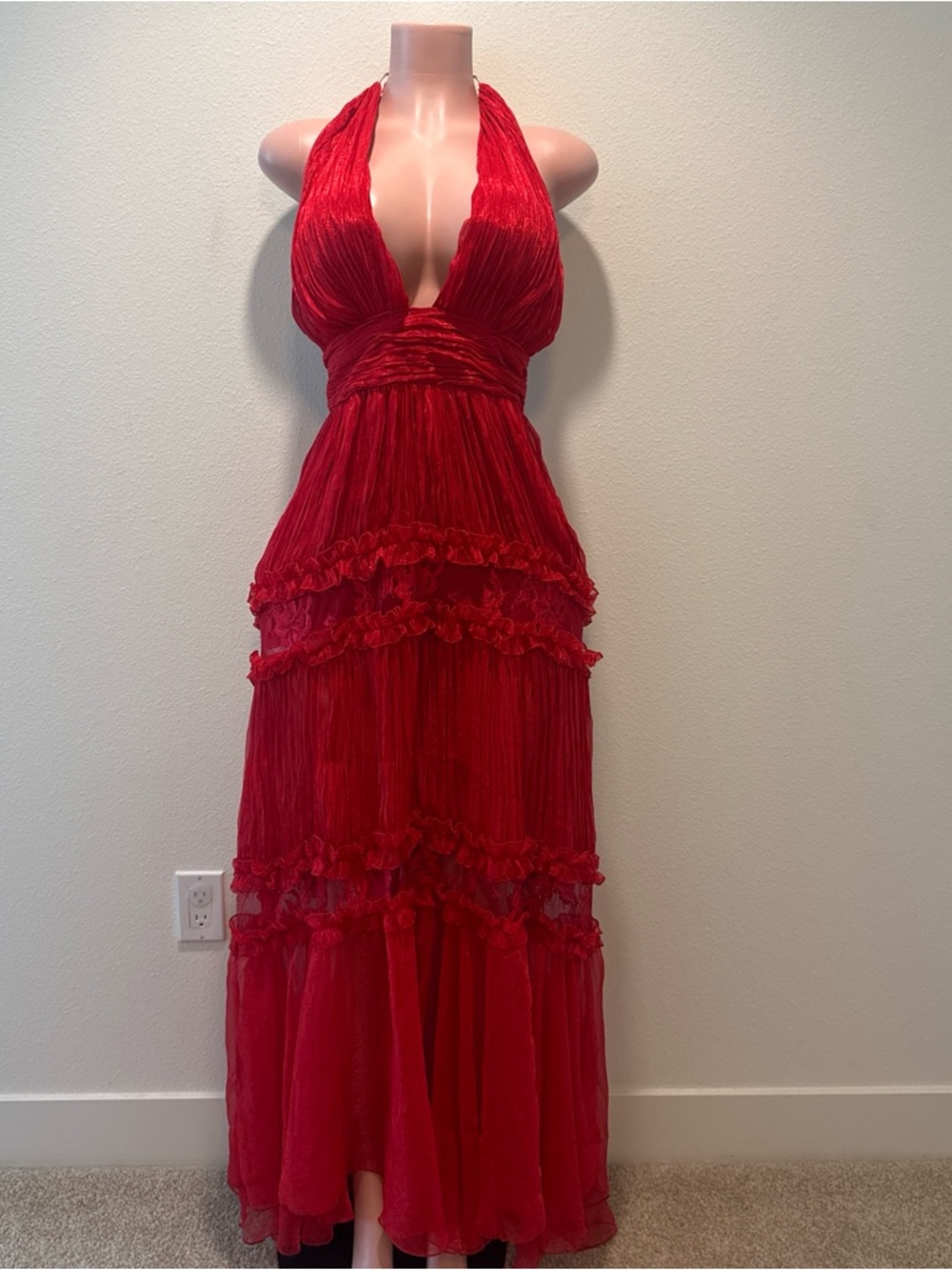 Elegant Red Halter Maxi Dress - Timeless Evening Style